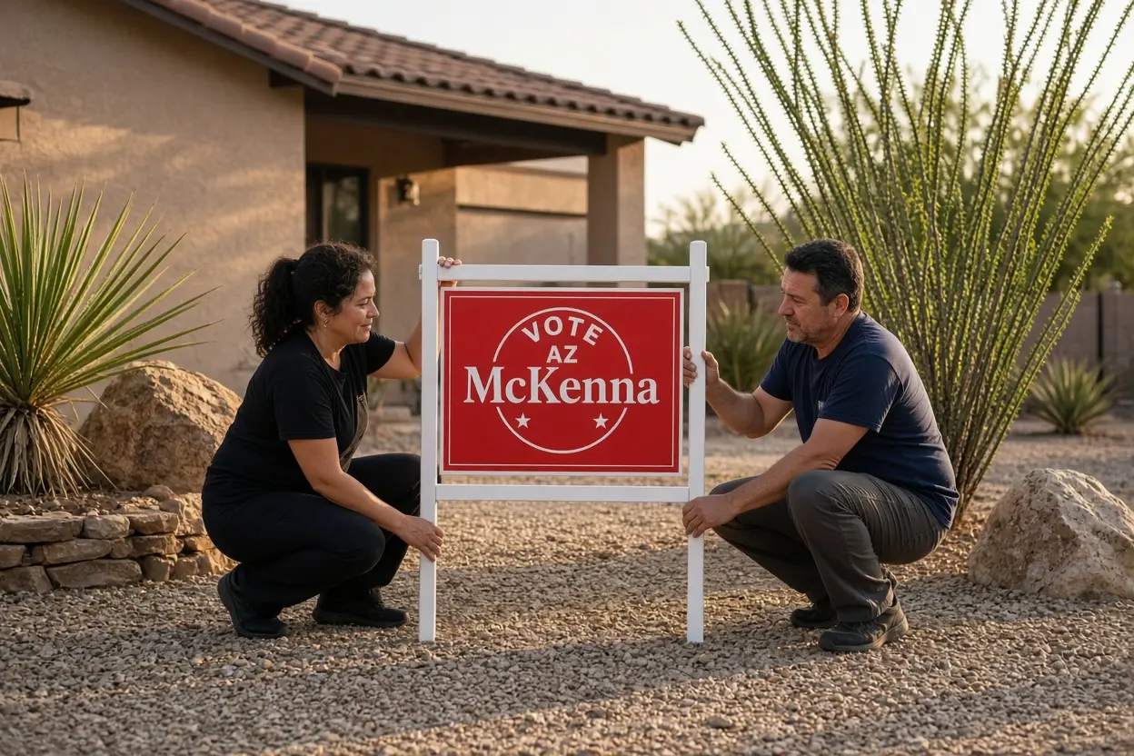 Volunteers placing yard signs